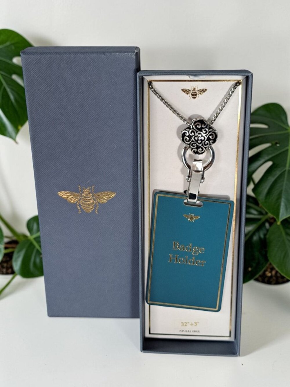 Scroll & Vine Badge Holder Necklace Lanyard Pendant Open Box Nickel Free